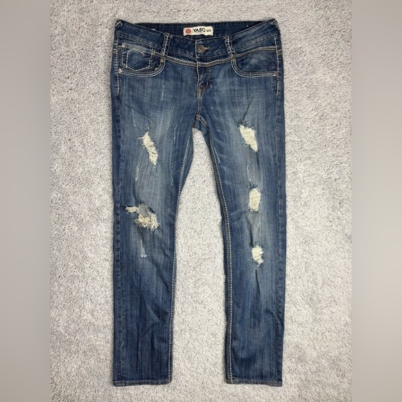 Yaso Jeans Womens 11/12 Big Stitch Denim Skinny Distressed Holes Party Night Out - Picture 1 of 7